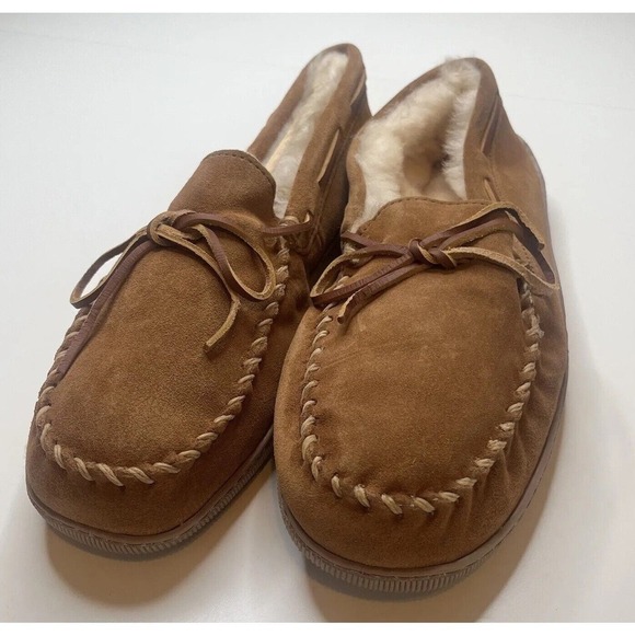 Minnetonka Leather Sheep Wool Lined Loafer Slippers Size 11 Men’s Brown - Picture 2 of 8